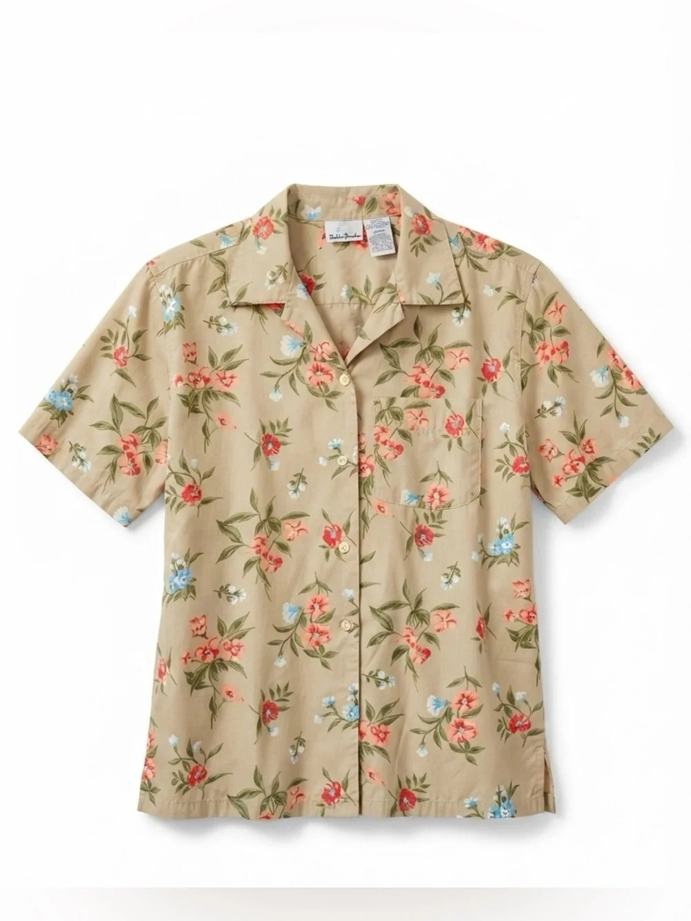 Vintage Bobbie Brooks Floral Blouse Large Flax Tan Red Button Down Shirt